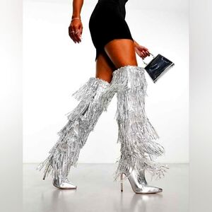AZALEA WANG Metallic Silver Sequin Fringe Knee High Boots